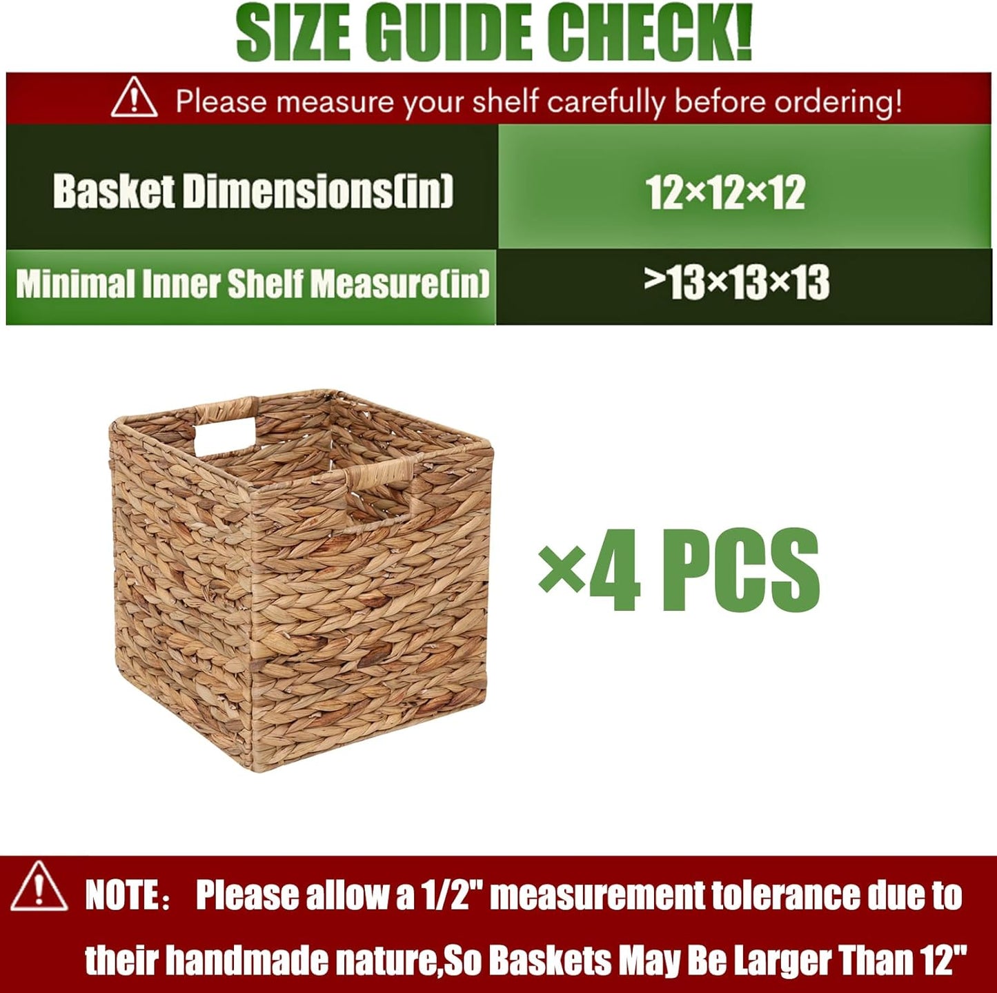 12x12in Storage Baskets Set of 4 Water Hyacinth Baskets,Foldable Handwoven Storage Cubes,Wicker Cube Baskets Laundry Organizer Totes for Home