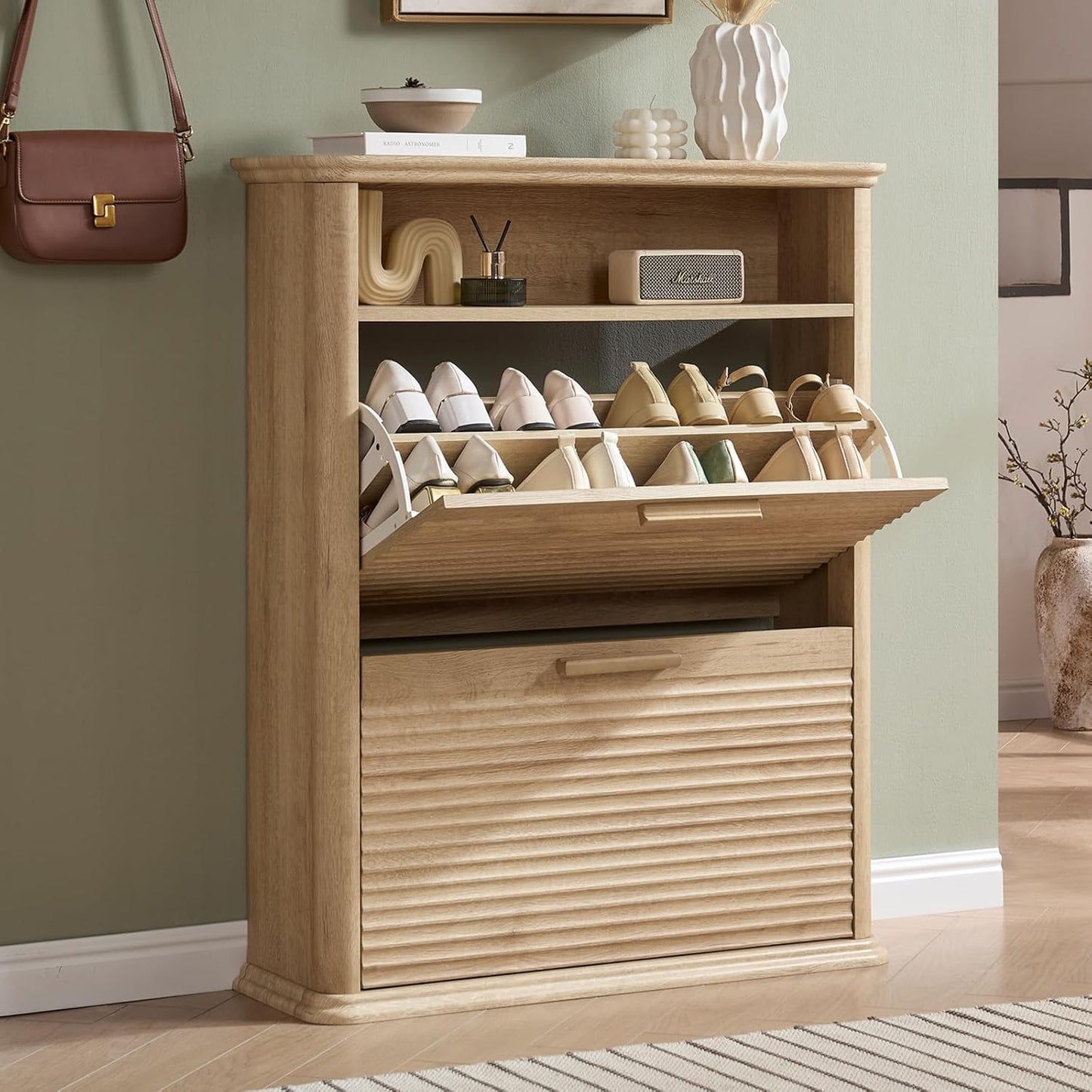 Okvnbjk Fluted Narrow Shoe Cabinet with 2 Flip Drawers, Modern Shoe Storage Cabinet with Open Storage & Curved Profile Design, Wood Shoes Rack for Entryway, Hallway, Foyer, Oak
