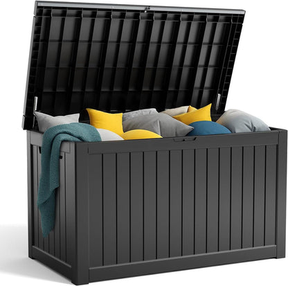 90 Gallon Resin Deck Box, Lockable Patio Outdoor Storage Box for Furniture, Garden Tools and Tools Storage, Waterproof Outside Storage Box - Black