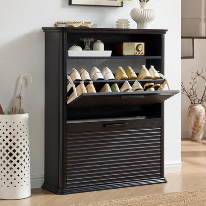 Okvnbjk Fluted Narrow Shoe Cabinet with 2 Flip Drawers, Modern Shoe Storage Cabinet with Open Storage & Curved Profile Design, Wood Shoes Rack for Entryway, Hallway, Foyer, Oak