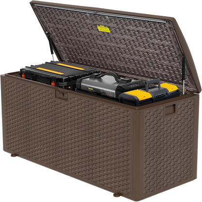 270 Gallon Waterproof Deck Box, Lockable Resin Storage Box for Patio Furniture Cushions Garden Tools and Outdoor Delivery Storage, Coffee