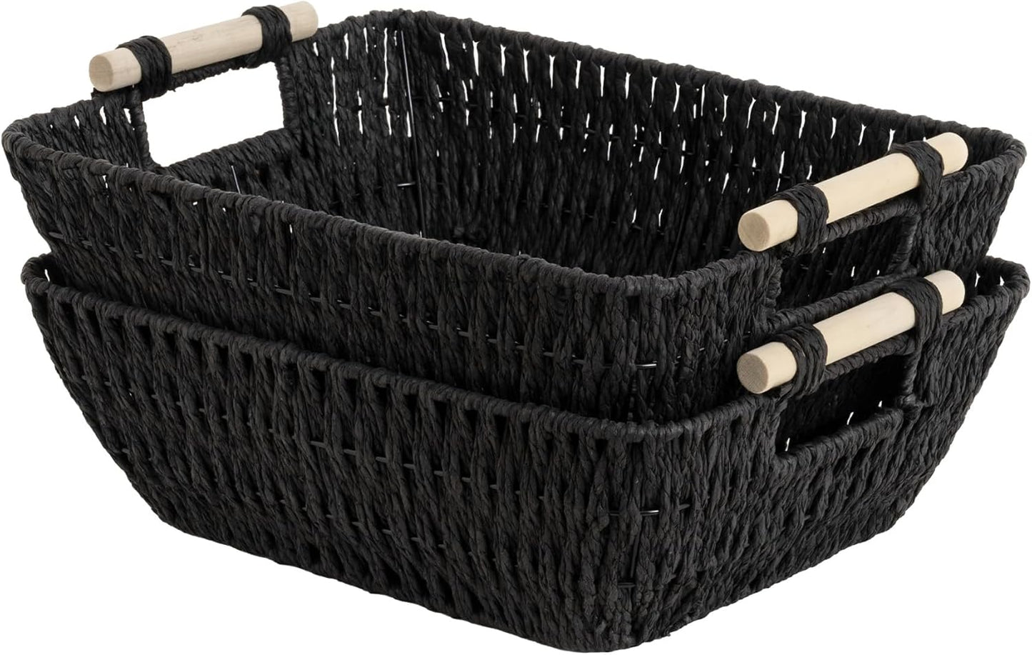 StorageWorks Hand-Woven Large Storage Baskets with Wooden Handles, Water Hyacinth Wicker Baskets for Organizing, 2-Pack