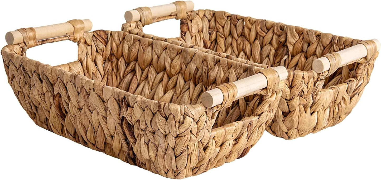 StorageWorks Hand-Woven Large Storage Baskets with Wooden Handles, Water Hyacinth Wicker Baskets for Organizing, 2-Pack
