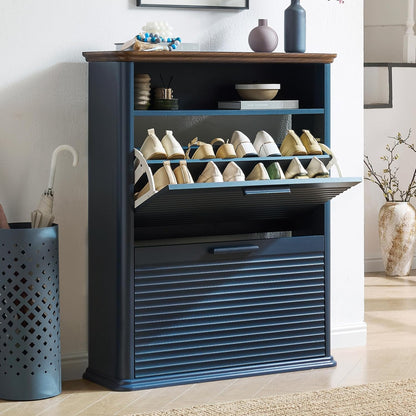 Okvnbjk Fluted Narrow Shoe Cabinet with 2 Flip Drawers, Modern Shoe Storage Cabinet with Open Storage & Curved Profile Design, Wood Shoes Rack for Entryway, Hallway, Foyer, Oak