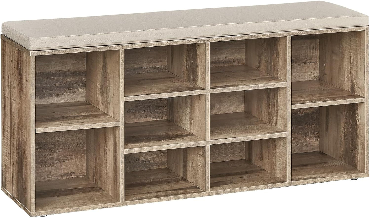 VASAGLE CUSTOS Collection - Shoe Bench, Storage Bench with Padded Seat, Entryway Bench with 15 Compartments, for Bedroom, 11.8 x 41.3 x 18.9 Inches, Rustic Brown and Chestnut Brown ULHS15BX