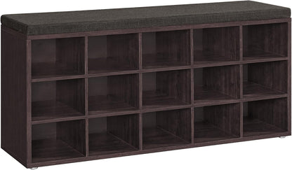 VASAGLE CUSTOS Collection - Shoe Bench, Storage Bench with Padded Seat, Entryway Bench with 15 Compartments, for Bedroom, 11.8 x 41.3 x 18.9 Inches, Rustic Brown and Chestnut Brown ULHS15BX