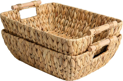 StorageWorks Hand-Woven Large Storage Baskets with Wooden Handles, Water Hyacinth Wicker Baskets for Organizing, 2-Pack