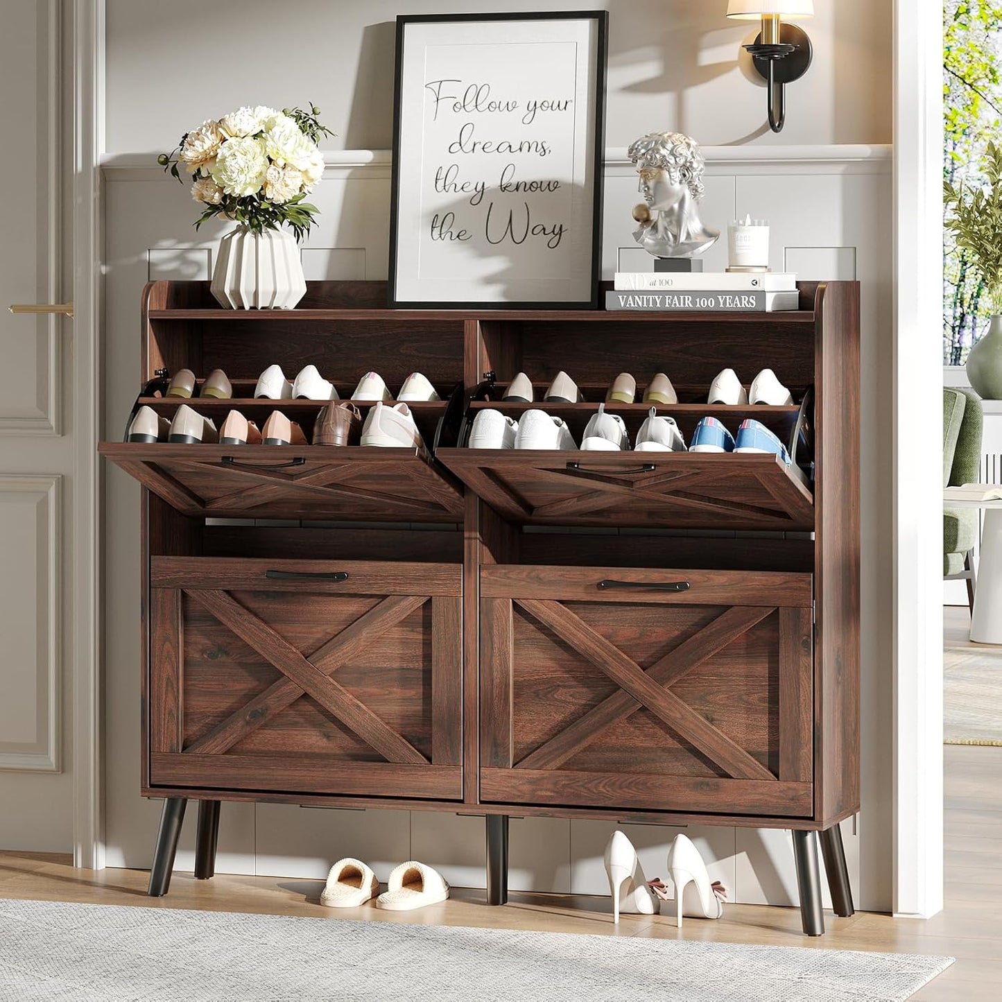 Maupvit Shoe Cabinet with 2 Flip Drawers, Freestanding Shoe Cabinet Organizer with Metal Legs, Shoes Storage Cabinet for Entryway, Narrow Shoe Rack Cabinet, Washed Gray