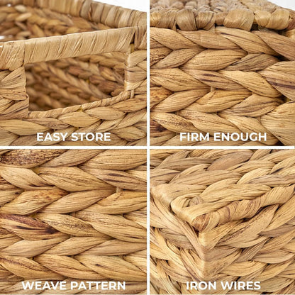BARIEN Set of 6 Natural Water Hyacinth Woven Storage Baskets 12.6” x 8” x 7”, Rectangular Wicker Basket with Built-in Handles, Medium (Natural - Set of 6)