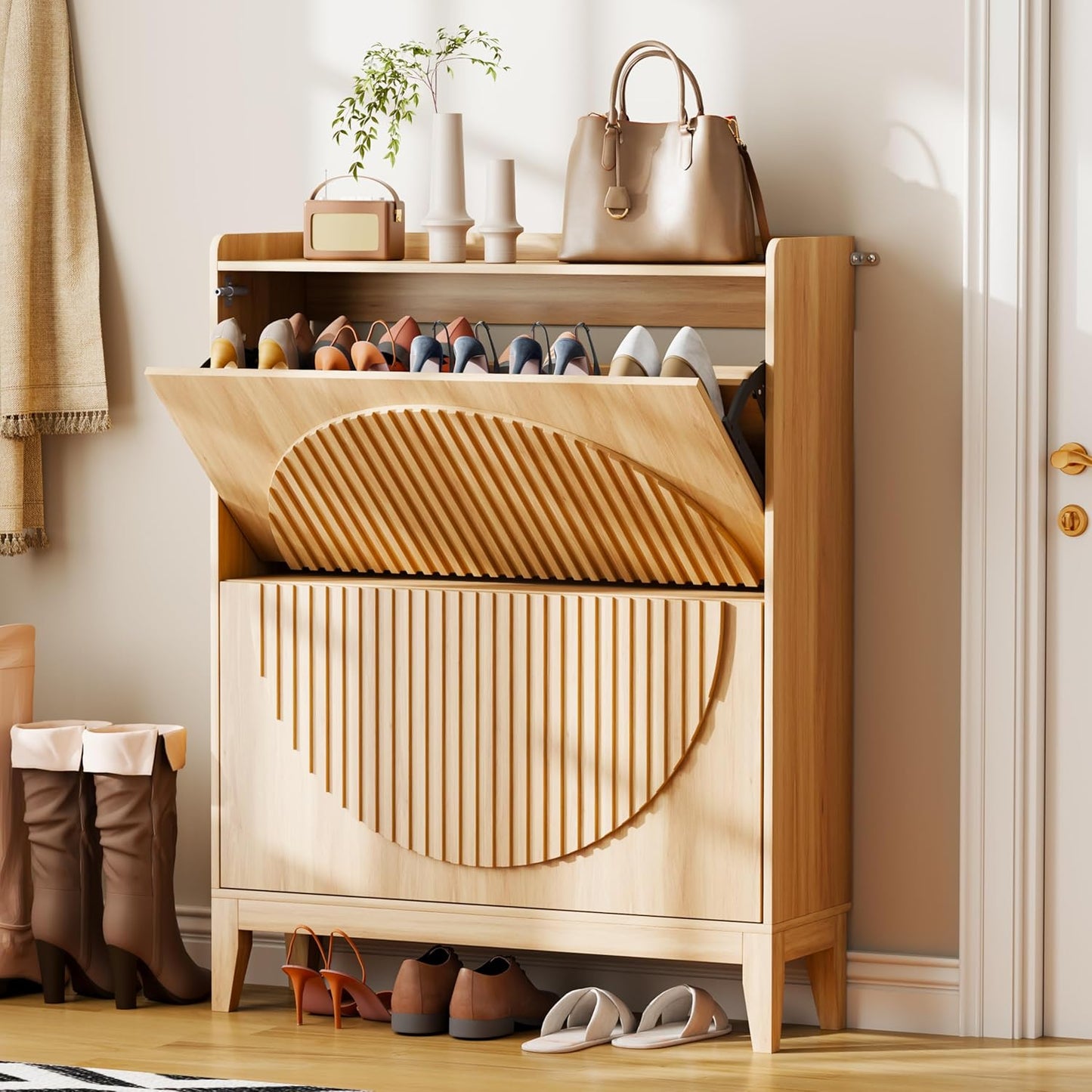 Vlsrka Shoe Cabinet Storage for Entryway with 2 Flip Drawers, Narrow Wooden Shoe Cabinet, Outdoor Hidden Shoe Storage for Entryway, Garage, Foyer, Hallway, Living Room