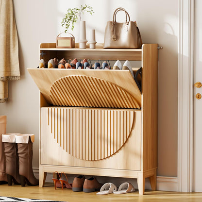 Vlsrka Shoe Cabinet Storage for Entryway with 2 Flip Drawers, Narrow Wooden Shoe Cabinet, Outdoor Hidden Shoe Storage for Entryway, Garage, Foyer, Hallway, Living Room