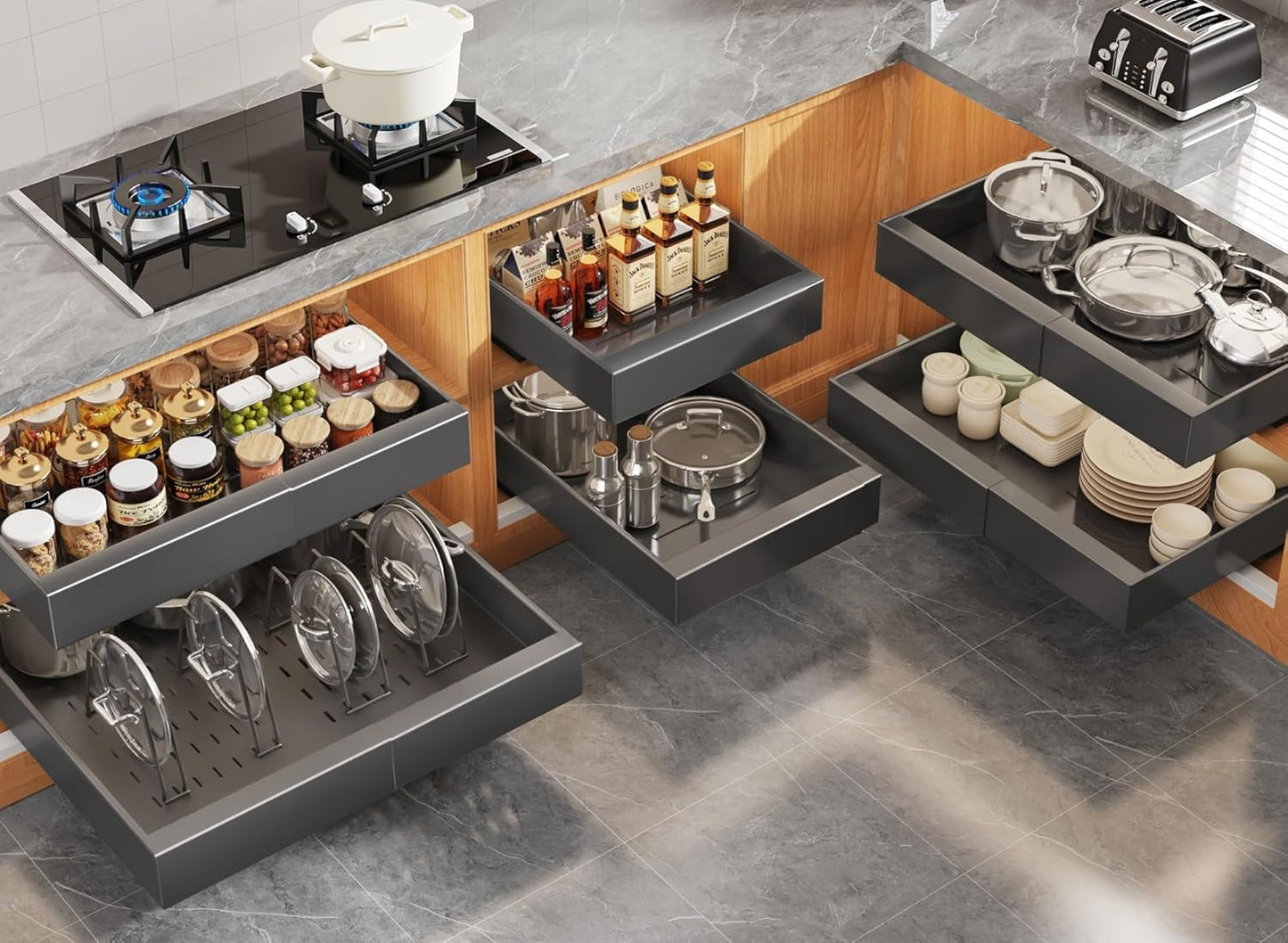 2Pack Expandable Pull Out Cabinet Organizer 21"Deep With Raising Pad for Framed Cabinets, Upgrade 3 Slide Rails Slide Out Drawers, Roll Out Shelves Adhesive,Adjustable Width 12.05"-20.4"White