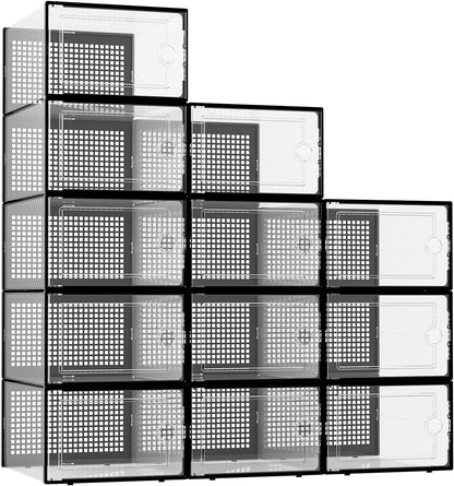 Kuject XX-Large Shoe Storage Boxes Organizers Clear Plastic Stackable 12 Pack, Shoe Rack & Holder Substitute, Sneaker Containers, Toy Storage Organizer Bins for Entryway, Closet, Under Bed, Black