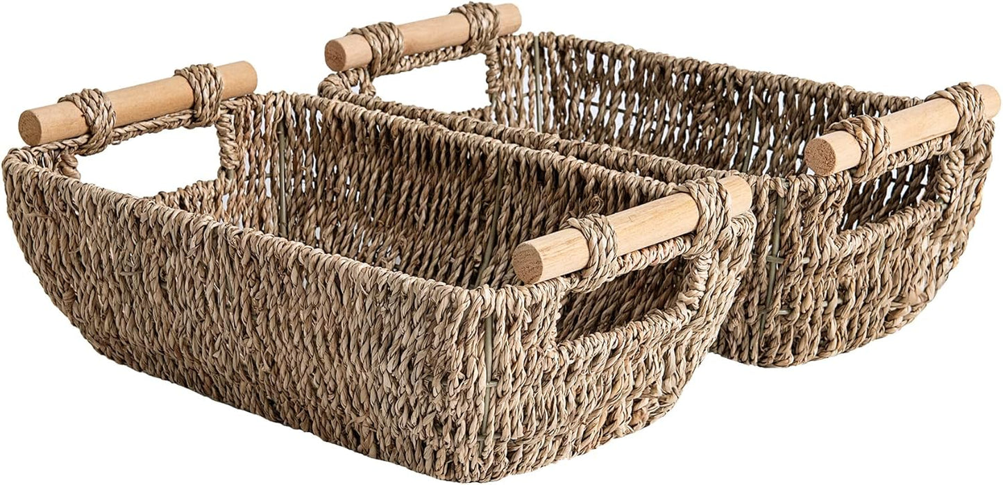 StorageWorks Hand-Woven Large Storage Baskets with Wooden Handles, Water Hyacinth Wicker Baskets for Organizing, 2-Pack