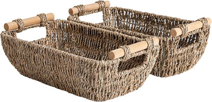 StorageWorks Hand-Woven Large Storage Baskets with Wooden Handles, Water Hyacinth Wicker Baskets for Organizing, 2-Pack