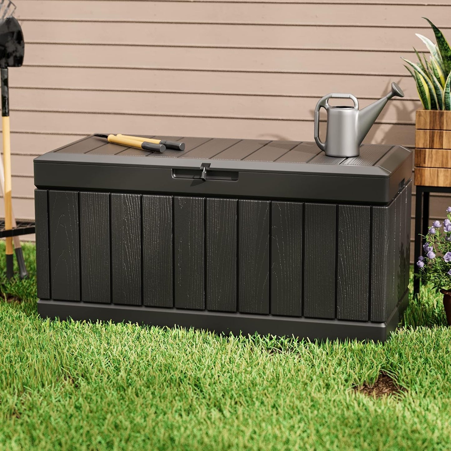 Greesum 82 Gallon Resin Deck Box All Weather Large Outdoor Storage for Patio Furniture, Toys, Garden Tools, Lockable, Black