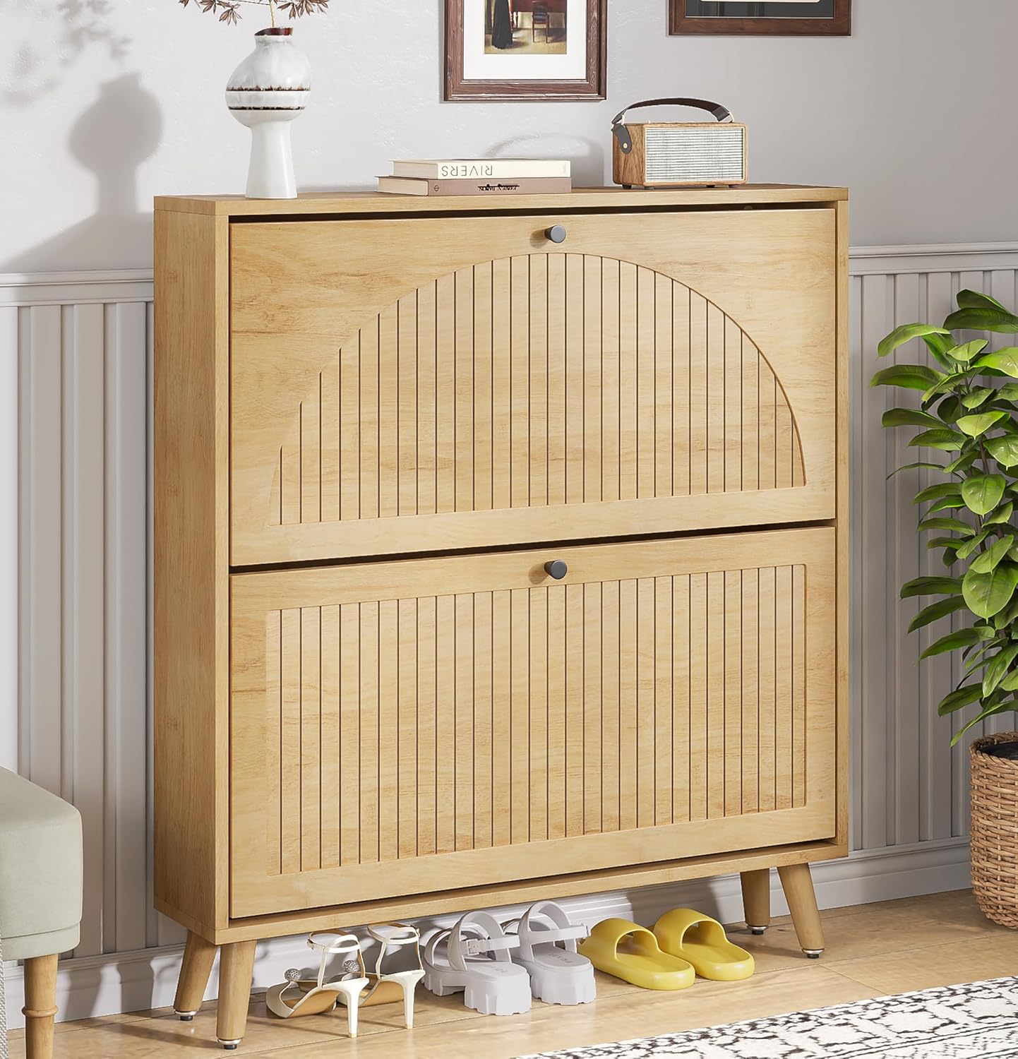 Shoe Storage Cabinet for Entryway with 2 Flip Drawers, Narrow Wood Shoe Cabinet with Fluted Panel, Freestanding Hidden Shoe Organizer for Foyer, Hallway (Walnut)