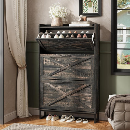 Maupvit Shoe Cabinet with 2 Flip Drawers, Freestanding Shoe Cabinet Organizer with Metal Legs, Shoes Storage Cabinet for Entryway, Narrow Shoe Rack Cabinet, Washed Gray