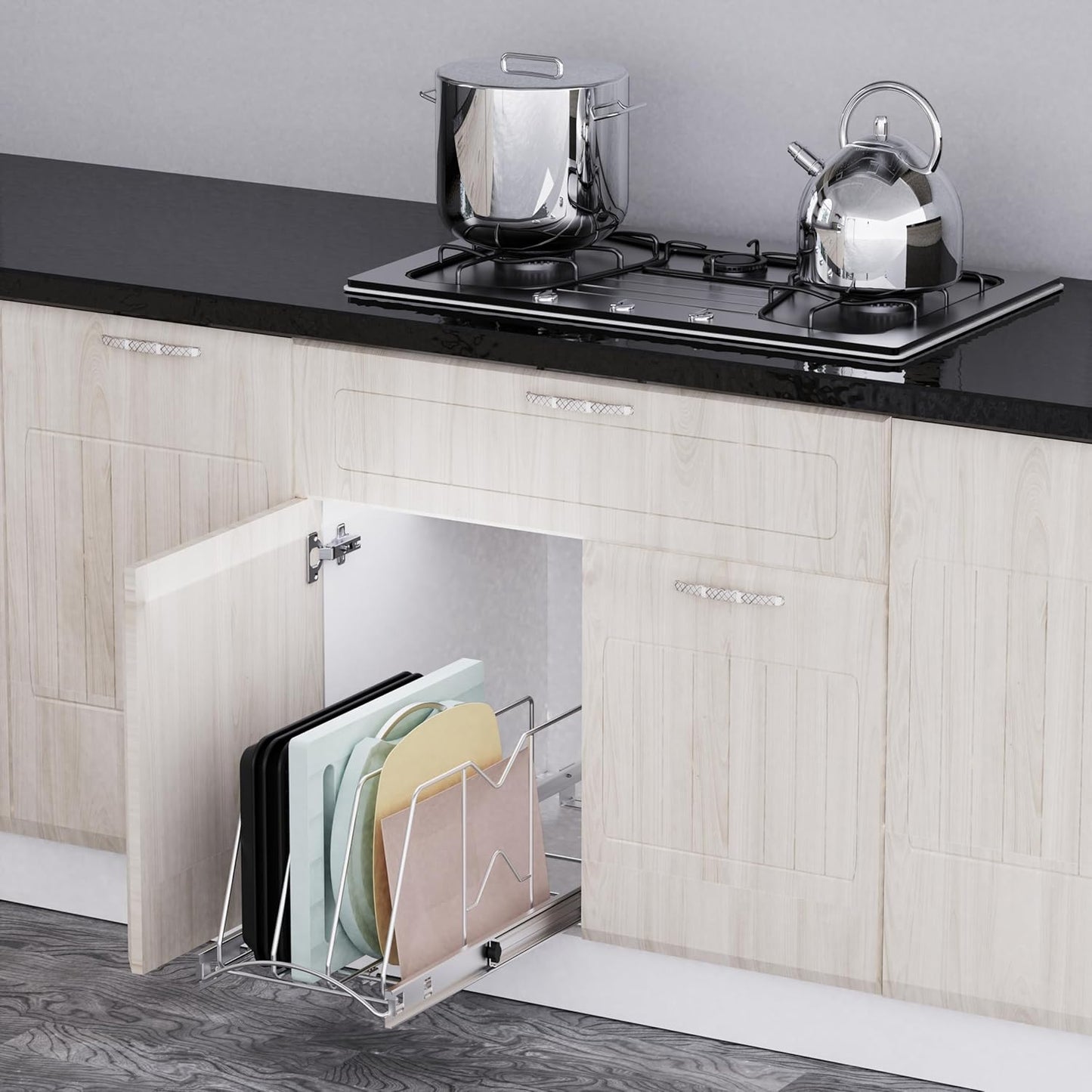 Pull Out Cookie Sheet Organizer for Cabinet, Pan and Pot, Cutting Board, Bakeware, Tray Organizer Rack, Sliding Rack- Heavy Duty, Adjustable Divider Width, 10" W x 22" D x 11" H, Chrome