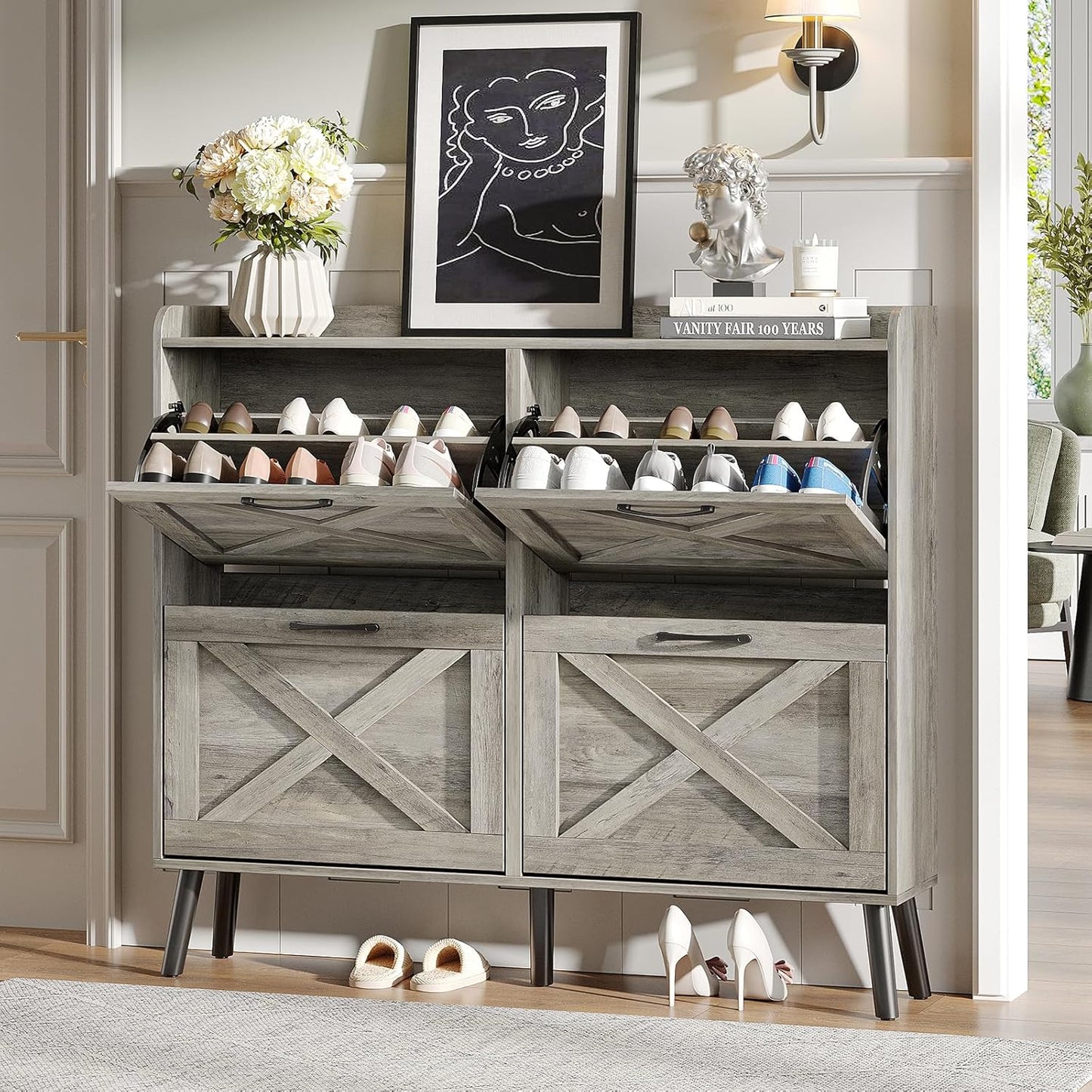 Maupvit Shoe Cabinet with 2 Flip Drawers, Freestanding Shoe Cabinet Organizer with Metal Legs, Shoes Storage Cabinet for Entryway, Narrow Shoe Rack Cabinet, Washed Gray