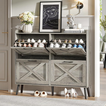 Maupvit Shoe Cabinet with 2 Flip Drawers, Freestanding Shoe Cabinet Organizer with Metal Legs, Shoes Storage Cabinet for Entryway, Narrow Shoe Rack Cabinet, Washed Gray