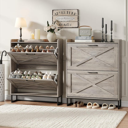 Maupvit Shoe Cabinet with 2 Flip Drawers, Freestanding Shoe Cabinet Organizer with Metal Legs, Shoes Storage Cabinet for Entryway, Narrow Shoe Rack Cabinet, Washed Gray