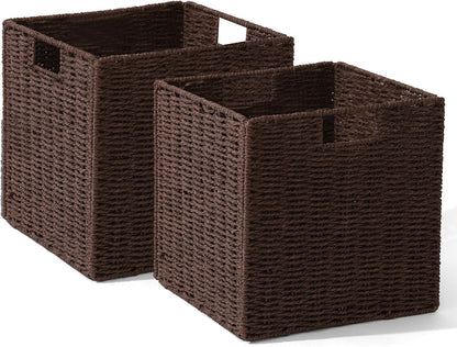 Set of 2 Hand-Woven Paper Rope Wicker Baskets, Storage Basket, Foldable Cube Storage Bins, Brown Storage Cubes, Square Baskets for Organizing Shelves Decor, 12x12x12in