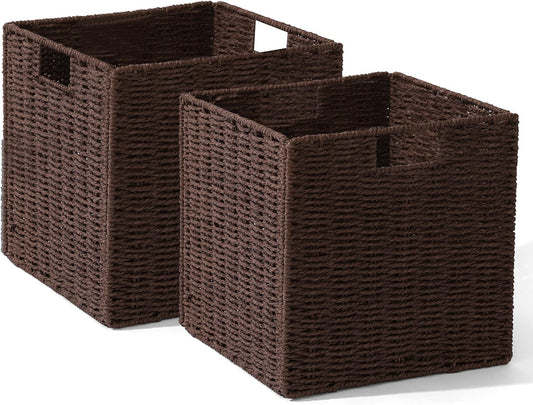 Set of 2 Hand-Woven Paper Rope Wicker Baskets, Storage Basket, Foldable Cube Storage Bins, Brown Storage Cubes, Square Baskets for Organizing Shelves Decor, 12x12x12in
