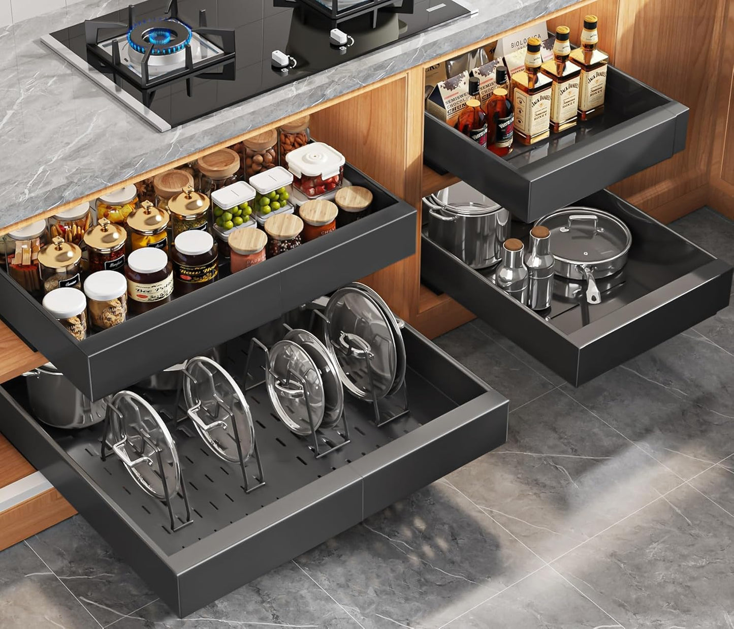 2Pack Expandable Pull Out Cabinet Organizer 21"Deep With Raising Pad for Framed Cabinets, Upgrade 3 Slide Rails Slide Out Drawers, Roll Out Shelves Adhesive,Adjustable Width 12.05"-20.4"White