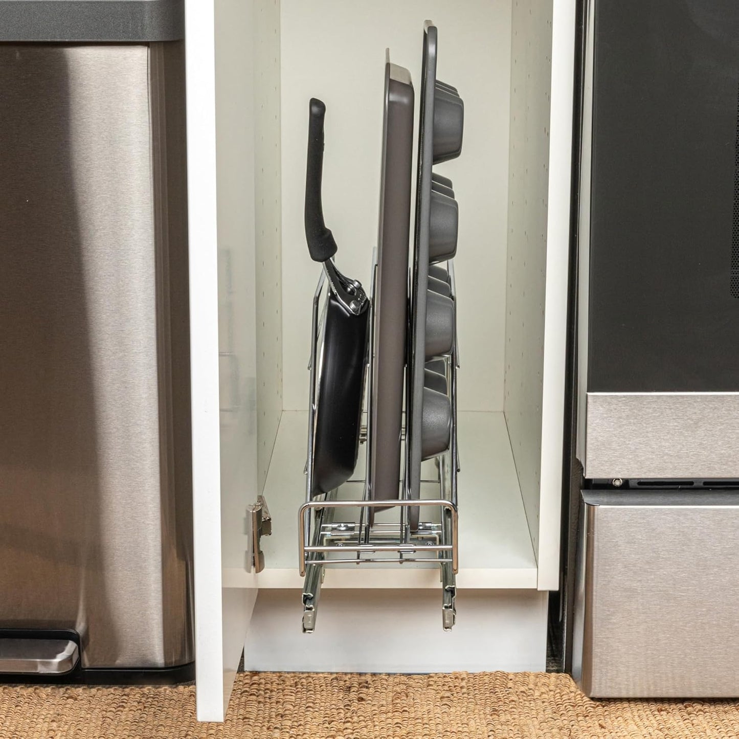 Household Essentials Glidez Multipurpose Chrome-Plated Steel Pull-Out/Slide-Out Storage Organizer for Cookware and Bakeware - Fits Standard Size Cabinet or Shelf, Chrome