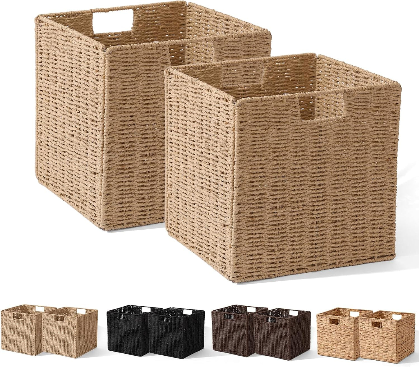 Set of 2 Hand-Woven Paper Rope Wicker Baskets, Storage Basket, Foldable Cube Storage Bins, Brown Storage Cubes, Square Baskets for Organizing Shelves Decor, 12x12x12in