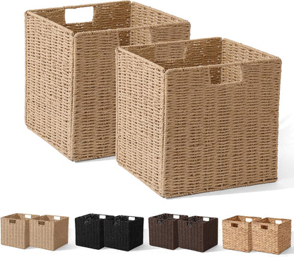 Set of 2 Hand-Woven Paper Rope Wicker Baskets, Storage Basket, Foldable Cube Storage Bins, Brown Storage Cubes, Square Baskets for Organizing Shelves Decor, 12x12x12in