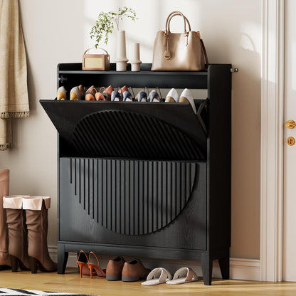 Vlsrka Shoe Cabinet Storage for Entryway with 2 Flip Drawers, Narrow Wooden Shoe Cabinet, Outdoor Hidden Shoe Storage for Entryway, Garage, Foyer, Hallway, Living Room