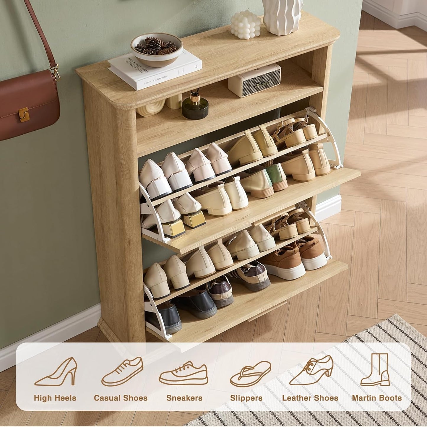 Okvnbjk Fluted Narrow Shoe Cabinet with 2 Flip Drawers, Modern Shoe Storage Cabinet with Open Storage & Curved Profile Design, Wood Shoes Rack for Entryway, Hallway, Foyer, Oak