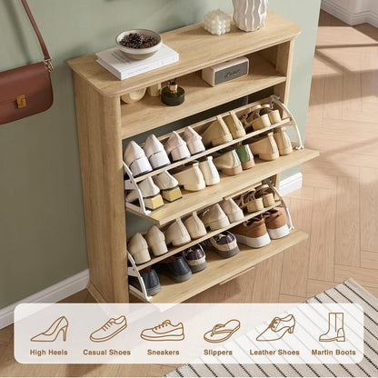 Okvnbjk Fluted Narrow Shoe Cabinet with 2 Flip Drawers, Modern Shoe Storage Cabinet with Open Storage & Curved Profile Design, Wood Shoes Rack for Entryway, Hallway, Foyer, Oak
