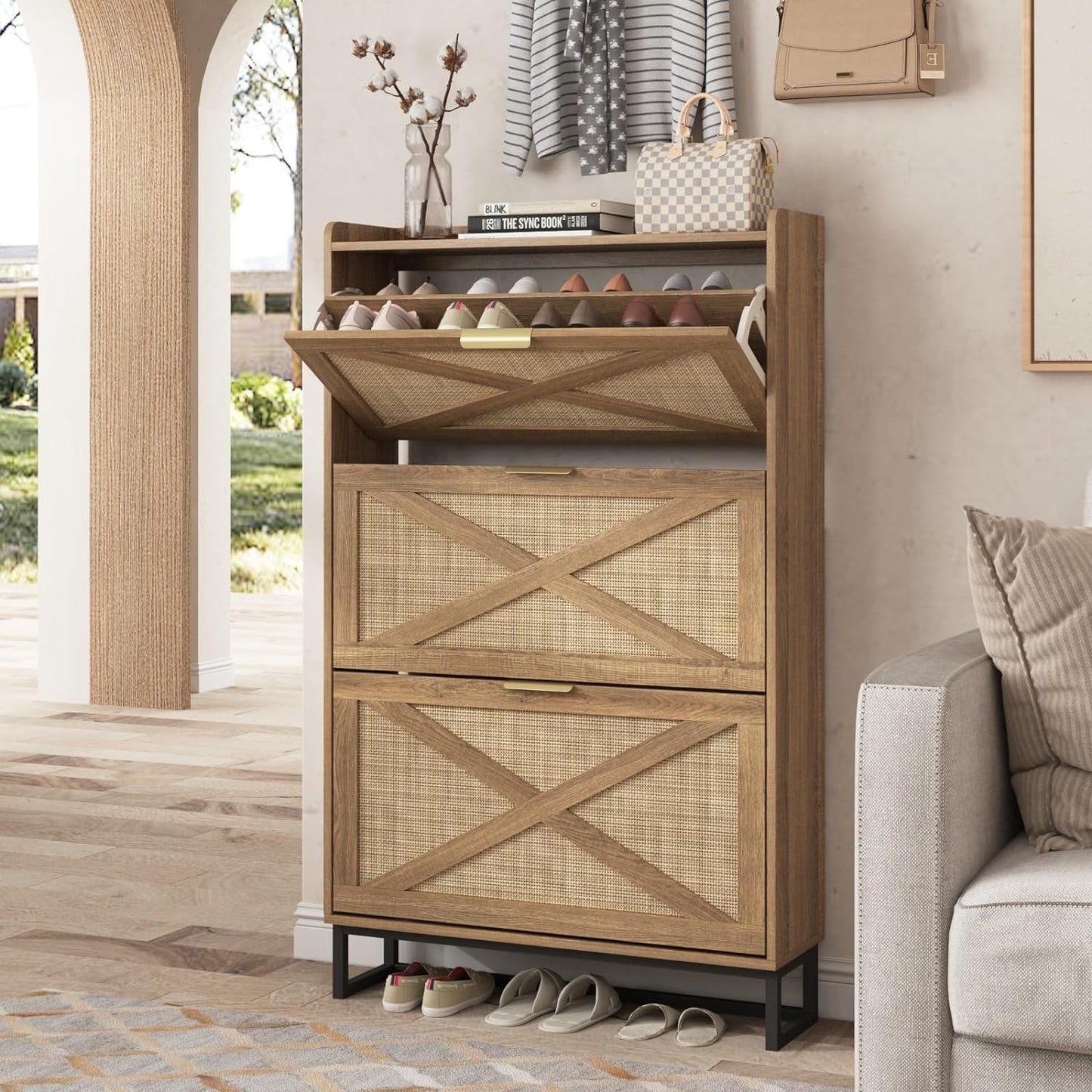 Maupvit Shoe Cabinet with 2 Flip Drawers, Freestanding Shoe Cabinet Organizer with Metal Legs, Shoes Storage Cabinet for Entryway, Narrow Shoe Rack Cabinet, Washed Gray