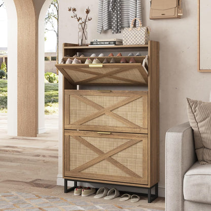 Maupvit Shoe Cabinet with 2 Flip Drawers, Freestanding Shoe Cabinet Organizer with Metal Legs, Shoes Storage Cabinet for Entryway, Narrow Shoe Rack Cabinet, Washed Gray