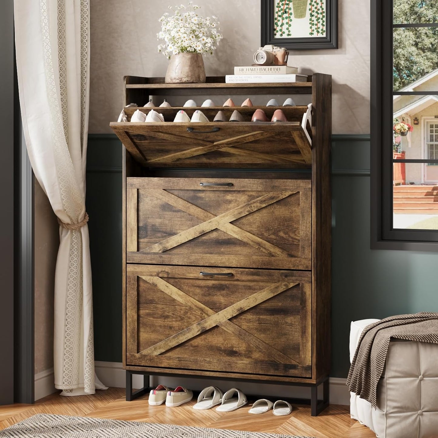 Maupvit Shoe Cabinet with 2 Flip Drawers, Freestanding Shoe Cabinet Organizer with Metal Legs, Shoes Storage Cabinet for Entryway, Narrow Shoe Rack Cabinet, Washed Gray