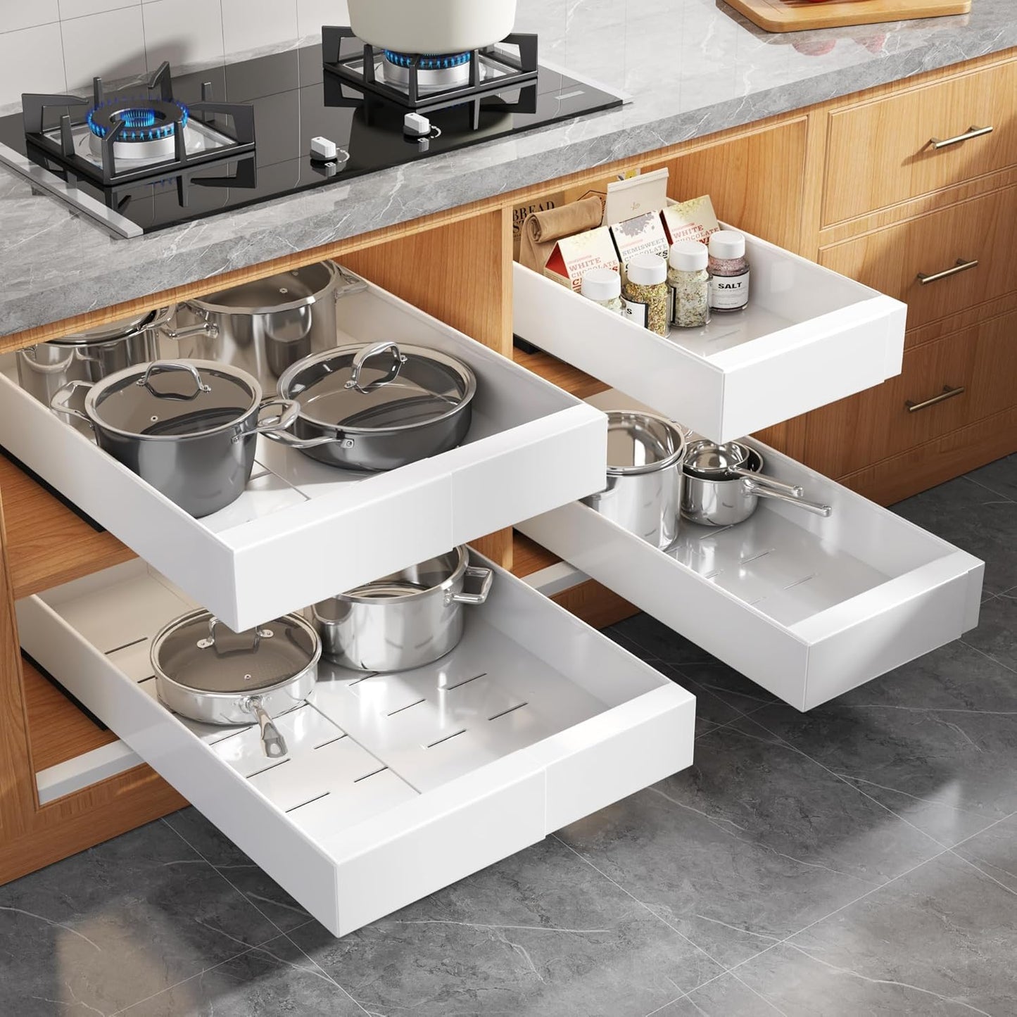 2Pack Expandable Pull Out Cabinet Organizer 21"Deep With Raising Pad for Framed Cabinets, Upgrade 3 Slide Rails Slide Out Drawers, Roll Out Shelves Adhesive,Adjustable Width 12.05"-20.4"White