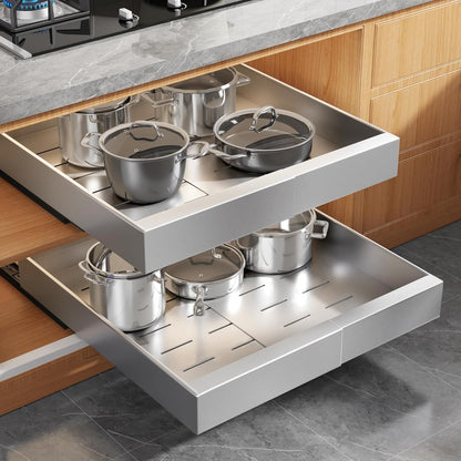 2Pack Expandable Pull Out Cabinet Organizer 21"Deep With Raising Pad for Framed Cabinets, Upgrade 3 Slide Rails Slide Out Drawers, Roll Out Shelves Adhesive,Adjustable Width 12.05"-20.4"White