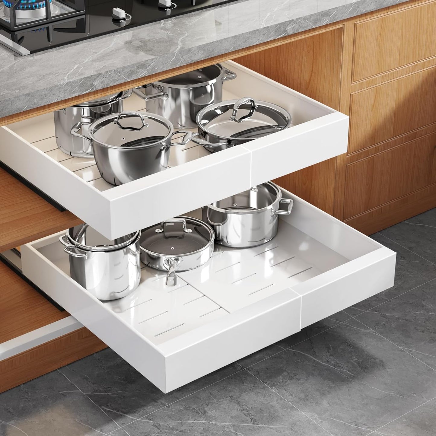 2Pack Expandable Pull Out Cabinet Organizer 21"Deep With Raising Pad for Framed Cabinets, Upgrade 3 Slide Rails Slide Out Drawers, Roll Out Shelves Adhesive,Adjustable Width 12.05"-20.4"White