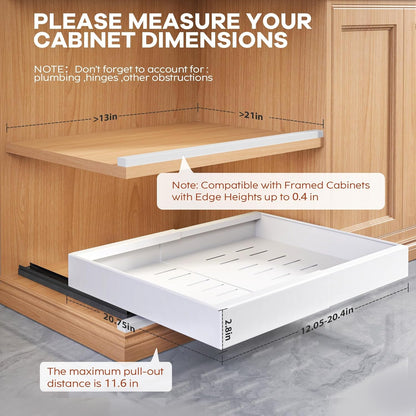 2Pack Expandable Pull Out Cabinet Organizer 21"Deep With Raising Pad for Framed Cabinets, Upgrade 3 Slide Rails Slide Out Drawers, Roll Out Shelves Adhesive,Adjustable Width 12.05"-20.4"White