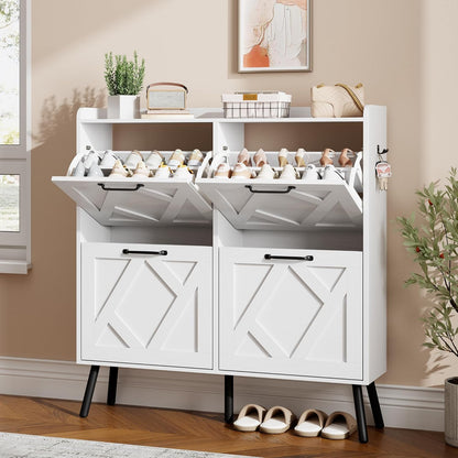 Nicetree Shoe Cabinet Organizer with 2 Flip Drawers, Freestanding Narrow Rack with Metal Legs, Farmhouse Slim Shoe Storage for Entryway, Foyer, Hallway, Rustic Brown