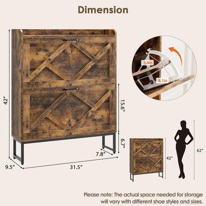 Nicetree Shoe Cabinet Organizer with 2 Flip Drawers, Freestanding Narrow Rack with Metal Legs, Farmhouse Slim Shoe Storage for Entryway, Foyer, Hallway, Rustic Brown