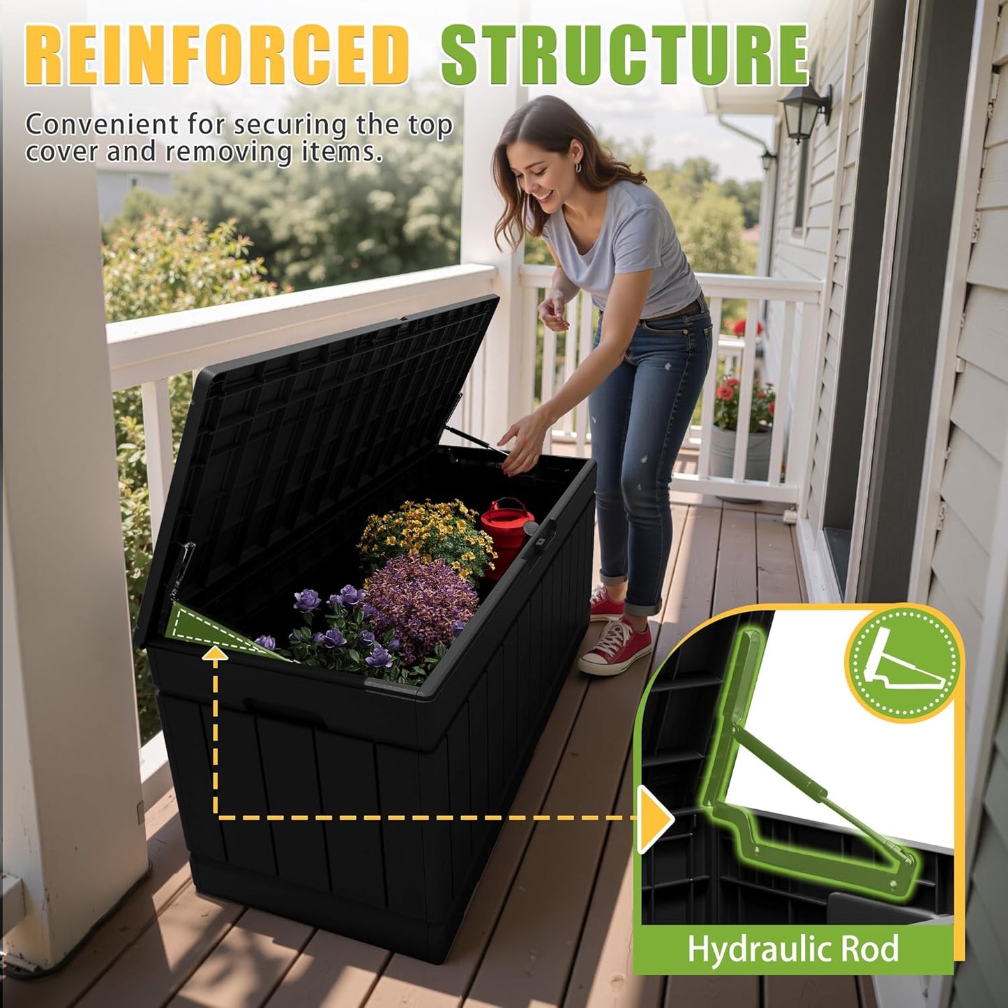 Greesum 82 Gallon Resin Deck Box Large Outdoor Storage for Patio Furniture, Garden Tools, Pool Supplies, Weatherproof and UV Resistant, Lockable, Black