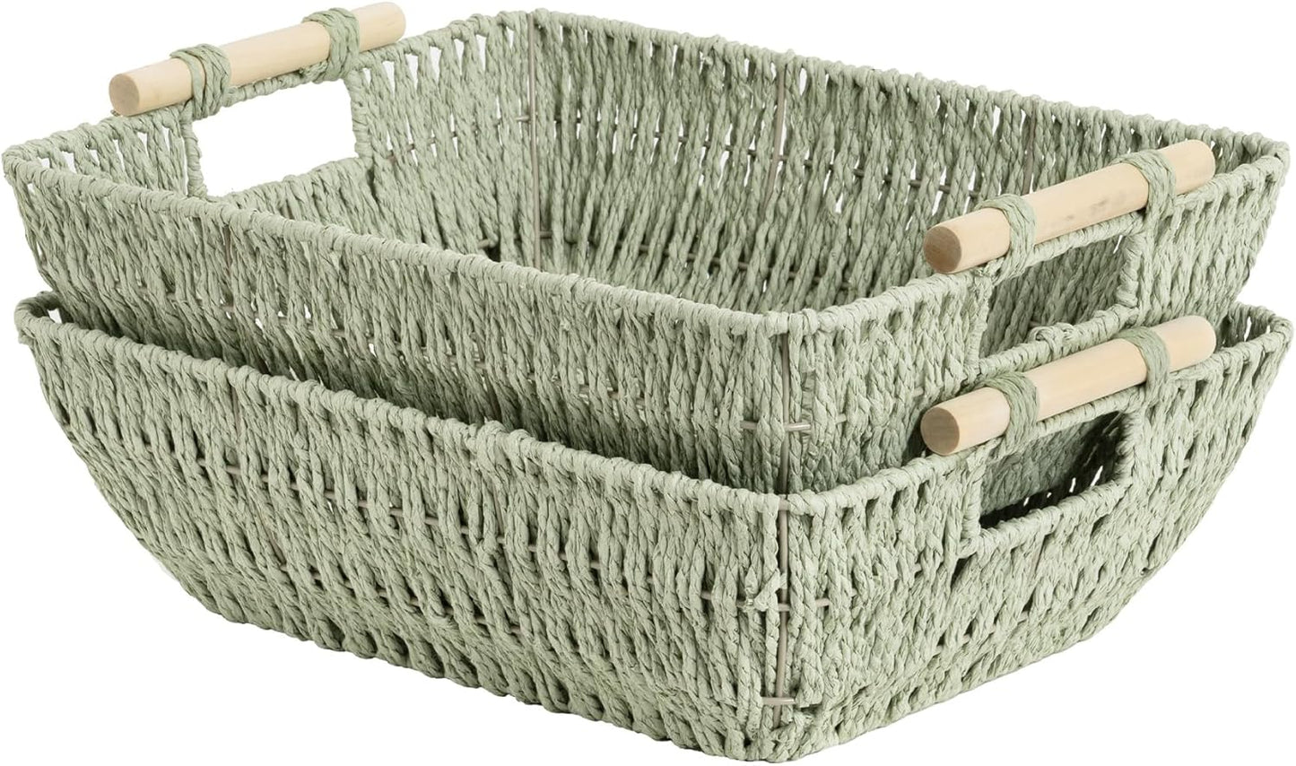 StorageWorks Hand-Woven Large Storage Baskets with Wooden Handles, Water Hyacinth Wicker Baskets for Organizing, 2-Pack