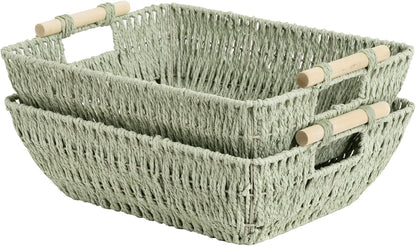 StorageWorks Hand-Woven Large Storage Baskets with Wooden Handles, Water Hyacinth Wicker Baskets for Organizing, 2-Pack