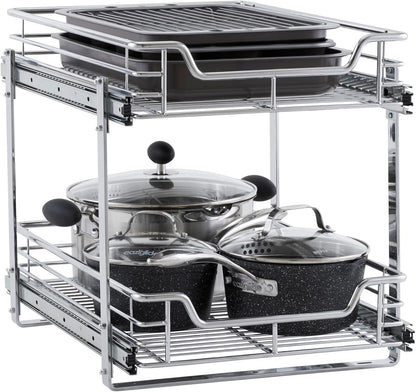 Household Essentials Glidez Multipurpose Chrome-Plated Steel Pull-Out/Slide-Out Storage Organizer for Cookware and Bakeware - Fits Standard Size Cabinet or Shelf, Chrome