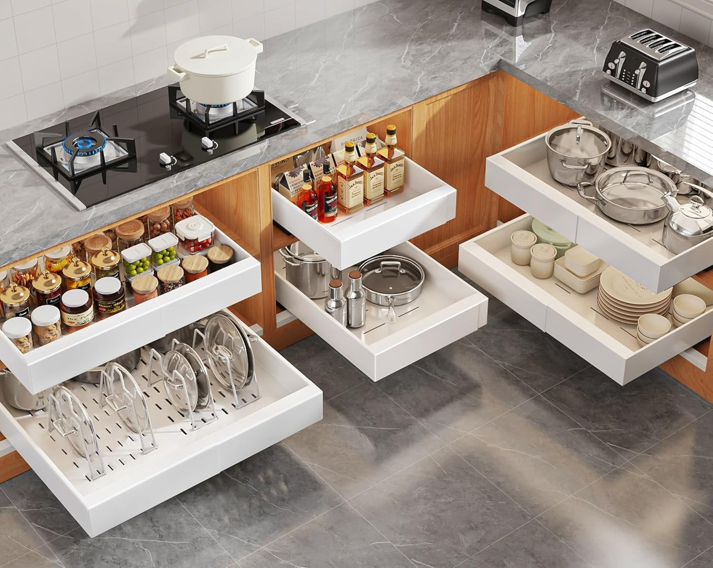 2Pack Expandable Pull Out Cabinet Organizer 21"Deep With Raising Pad for Framed Cabinets, Upgrade 3 Slide Rails Slide Out Drawers, Roll Out Shelves Adhesive,Adjustable Width 12.05"-20.4"White