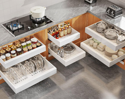 2Pack Expandable Pull Out Cabinet Organizer 21"Deep With Raising Pad for Framed Cabinets, Upgrade 3 Slide Rails Slide Out Drawers, Roll Out Shelves Adhesive,Adjustable Width 12.05"-20.4"White